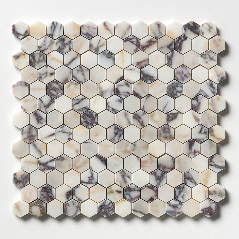 Calacatta Picasso Honed Hexagon 1x1 Marble Mosaic 11 1/2x12 1/4